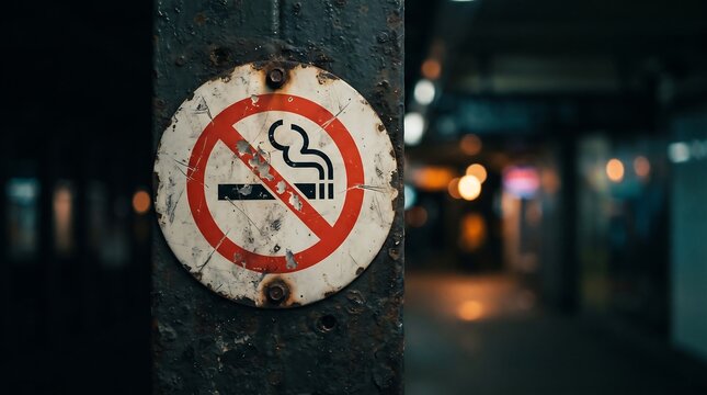 No Smoking Sign on Rusty Metal Pole in Underground Subway Station with Blurred Train Platform Background
