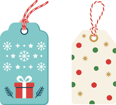 Christmas gift tags set with red and white twine string, featuring a teal tag with snowflakes and a wrapped present, and a cream tag with polka dot pattern in red, green and gold