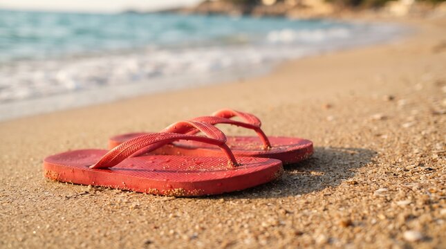 Red sandals lying on sandy shore with ocean waves in background during sunny day symbolizing summer vacation leisure and relaxing tropical holiday.