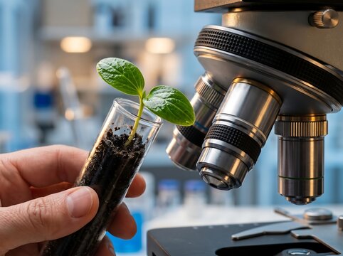 Scientific laboratory research with microscope and gloved hand holding soil test tube sprouting green plant, biotechnology experiment highlighting nature growth and environmental science innovation