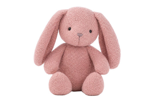 Soft pink knitted bunny plush toy with long ears sits upright, isolated on a clean white background