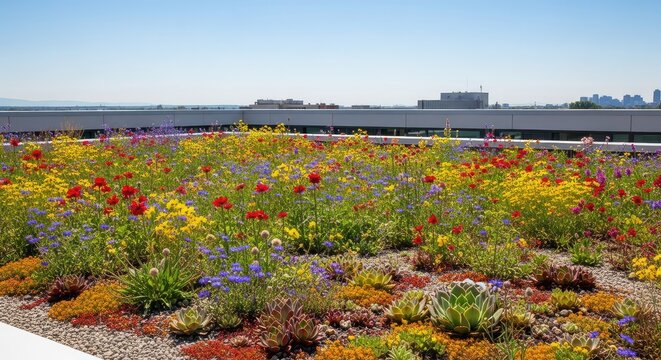 A vibrant green roof blooming with colorful wildflowers and hardy succulents under bright midday sun, creating a sustainable urban garden, ecology, rooftop, outdoor