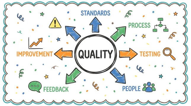 Quality management diagram showing standards, process, testing, people, feedback, and improvement with arrows and icons, illustrating continuous improvement and organizational excellence