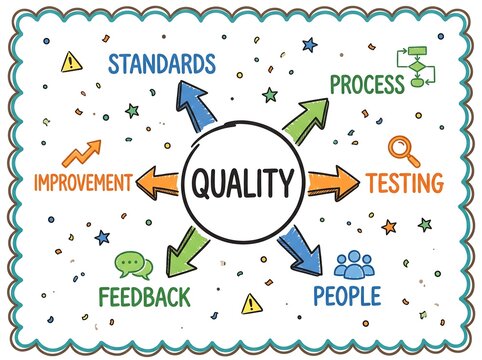 Quality assurance business concept mind map illustration with keywords standards process testing people and feedback quality control feedback loop business management