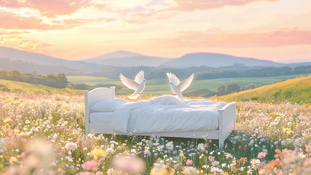 A white bed rests in a colorful wildflower field, with two white doves in flight, under a pastel sunset sky with distant mountains.
