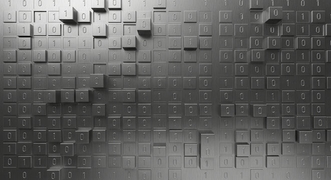 A high technology visualization featuring binary code embossed across a dynamic grid of metallic blocks representing information processing and computational intelligence in a system
