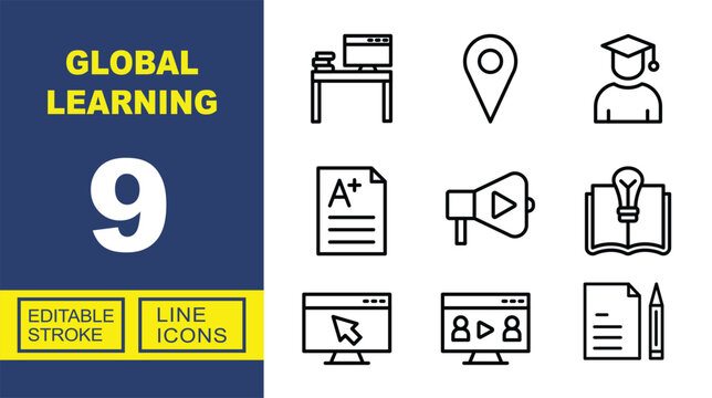 Global Learning Web Icon Set in Linear Style. Collection of online education line icons, including study desk, pin location, student, A plus exam, megaphone, open book, and more. Editable stroke
