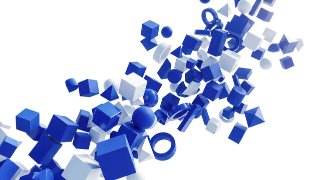Hundreds of blue and white geometric blocks spheres pyramids and rings flying diagonally through air across clean bright studio background