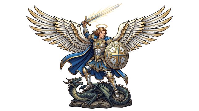 Archangel michael defeating dragon beast with flaming sword vector illustration for print design.