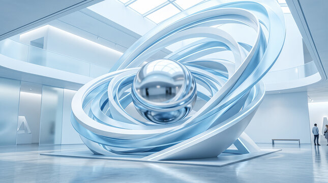 Massive abstract metallic sphere surrounded by curved glossy blue rings standing inside spacious modern white architectural exhibition hall featuring background visitors