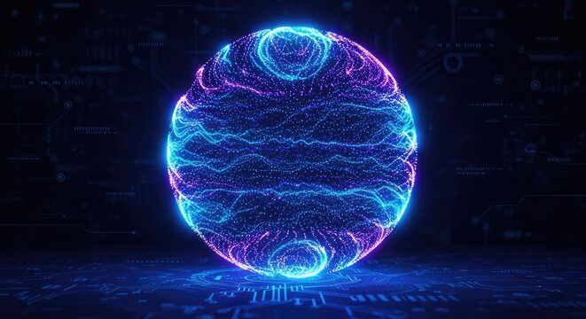 Abstract glowing sphere featuring vibrant blue and violet light particles flowing in a circular digital motion over a dark tech background, universe, bright, futuristic