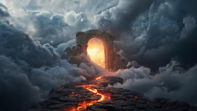 A ruined stone archway stands amid storm clouds, with a lava path leading through it to a bright fiery glow, creating a surreal fantasy scene.