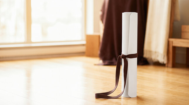 rolled white yoga mat standing upright tied with brown carrying strap on wooden parquet floor inside bright sunlit fitness exercise studio room