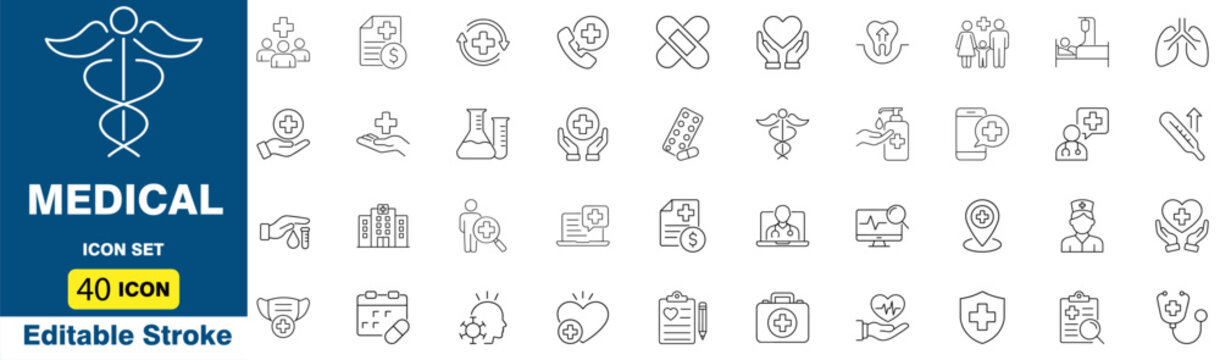 Medical icon set with healthcare symbols representing hospital, medicine, doctor, pharmacy and treatment. Ideal for clinical care, health services and medical support concept. Editable Stroke