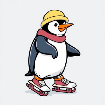 Cartoon penguin in hat and scarf wearing roller skates