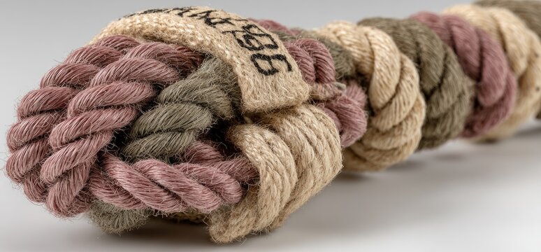 Close-up of a knotted rope toy, featuring a mix of beige, mauve, and olive green colored cords