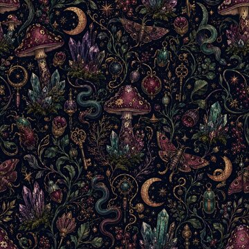 Seamless mystical forest pattern with crystals