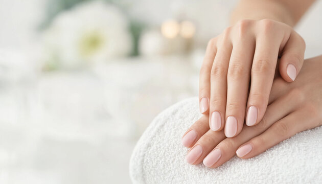 Well-groomed hands with soft pink manicured nails rest gently on a white towel in a bright, tranquil beauty setting with copy space.