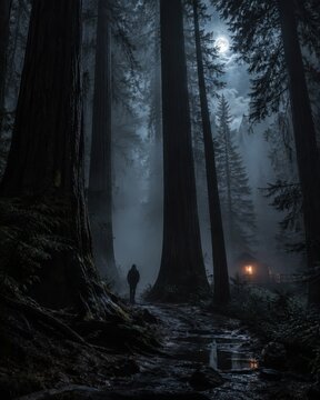 A lone figure stands in a mystical, misty forest at night under the moonlight, with a small light glowing in the distance