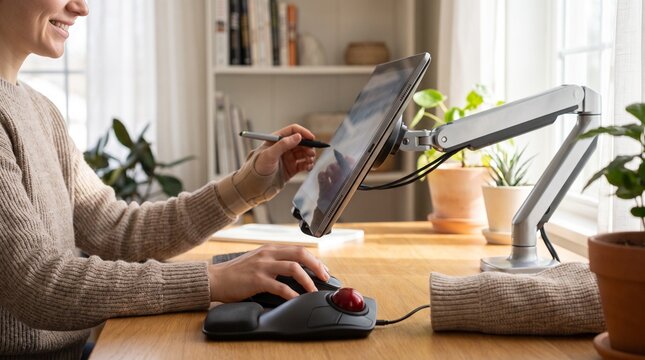 Ergonomic digital workstation with tablet on monitor arm. Creative designer using stylus and trackball mouse. Modern home office workspace.