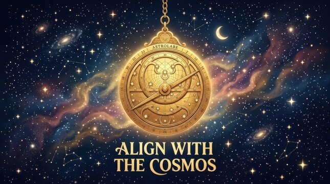 Mystical astrolabe symbolizing cosmic alignment and celestial navigation against a starry galaxy background