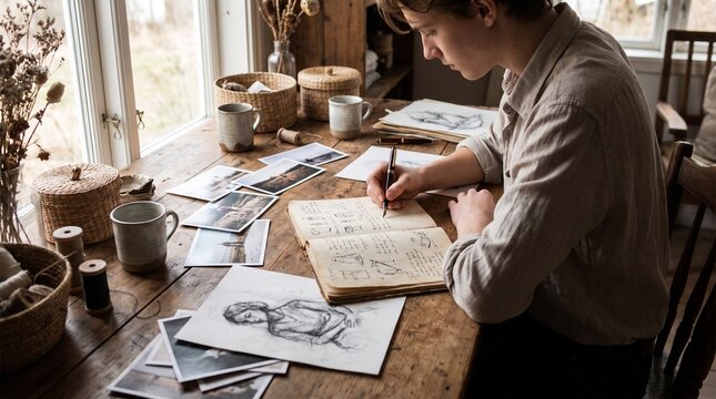 Rustic artist studio with young man sketching in notebook, creative workspace with charcoal drawings, vintage aesthetic home office