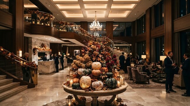 Elegant Luxury Hotel Lobby Interior with Autumn Harvest Decorations and Carved Pumpkins for Halloween