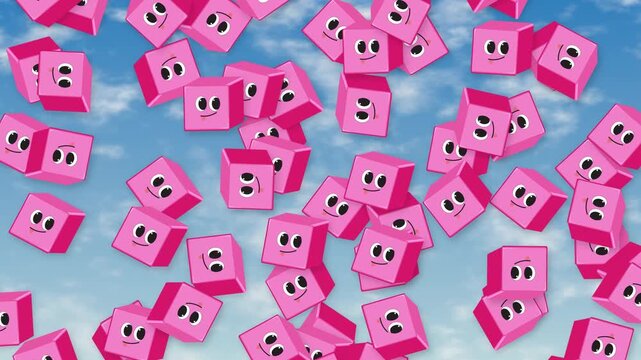 Animated Pink Character Cubes Falling Downward Against Blue Sky Background