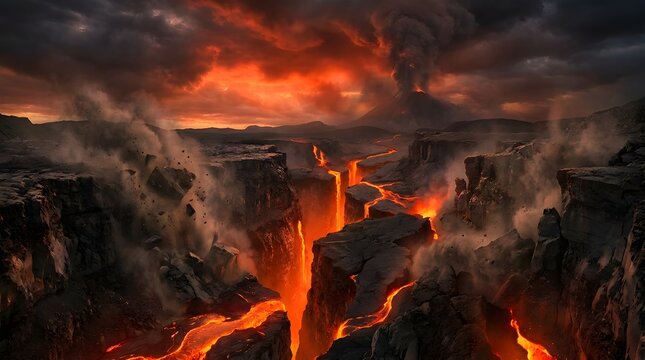 Powerful volcanic eruption with bright orange lava cascading between massive dark rocks, thick smoke, ash, and fiery clouds creating an intense disaster scene.