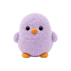 Adorable knitted purple chick toy with orange beak and feet, featuring a soft texture, isolated on a clean white background © Chinases