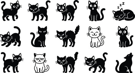 Obraz premium Halloween Cat Silhouette Icon Set 2 - Black and White Cat Vector Illustration