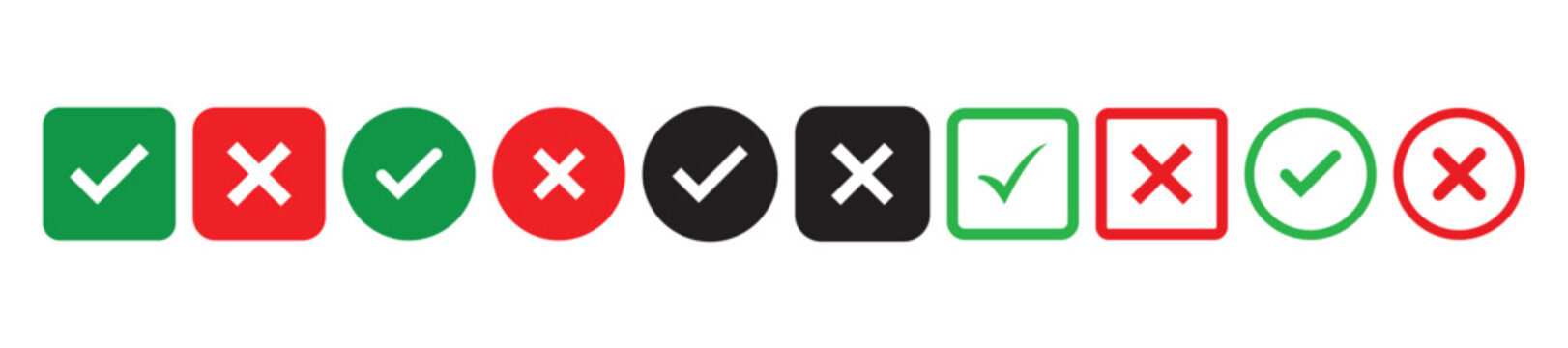 Sharp green checkmark and red cross on isolated white background vector symbol for right and wrong choices. Modern flat design, Checkmark icon set. Checkmark right symbol tick sign