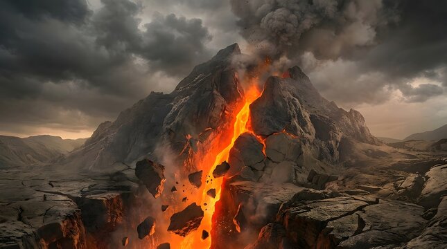 Aerial volcanic terrain with multiple glowing lava channels spreading across a dark landscape, surrounded by smoke and a hazy atmospheric horizon.