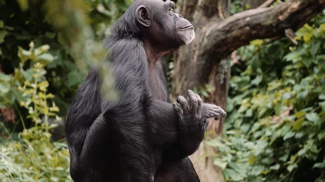 Close-up of a chimpanzee sitting in a natural environment with lush green foliage