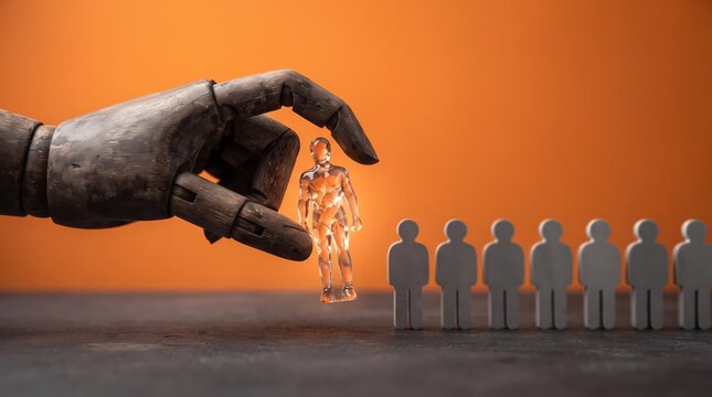 A wooden articulated hand grasping a translucent human figure as it selects a person from a group of small figurines representing workforce recruitment or team selection processes in corporate