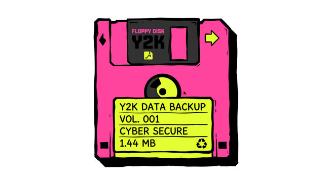 A hand-drawn, vibrant pink and yellow floppy disk illustration with retro digital storage aesthetic