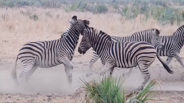 Zebras playfully interacting and kicking up dust in a dry savanna landscape