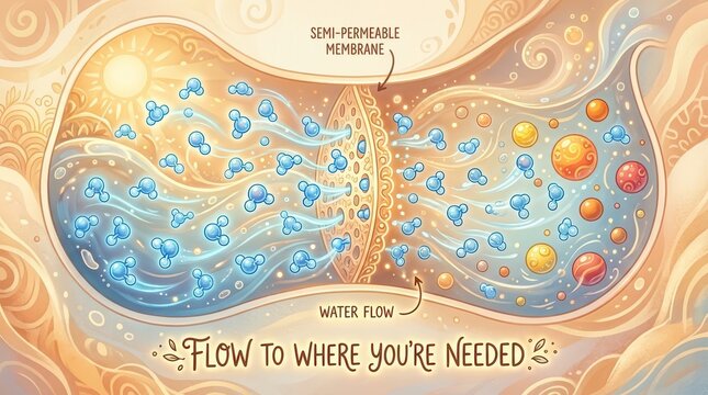Osmosis and Diffusion: Water Molecules Flowing Through a Semi-Permeable Membrane to Balance Concentrations