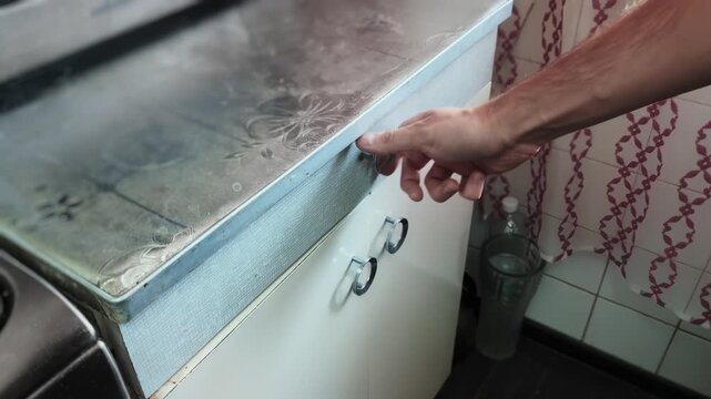 Male hand opens and closes a pull-out shelf for storing cutlery. Old worn-out soviet kitchen furniture with cutlery organizer, drawer