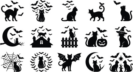 Obraz premium Halloween Black Cat Bat and Haunted House Icon Set - Vector Illustration Collection