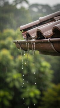 Rainwater flows along a brown roof gutter, dripping down in droplets against a blurred green background on a rainy day.