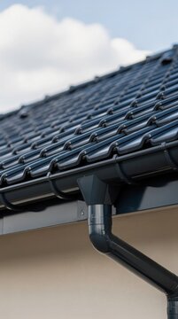 Close-up of a modern black roof with shiny tiles and a matching gutter against a cloudy sky.