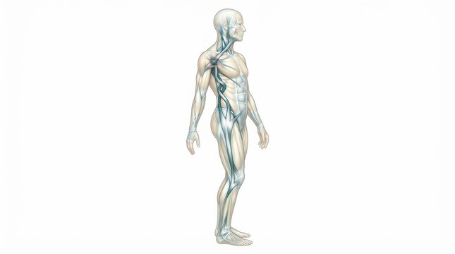Fascia and myofascial anatomy in a human figure, highlighting connective tissue and the body network.