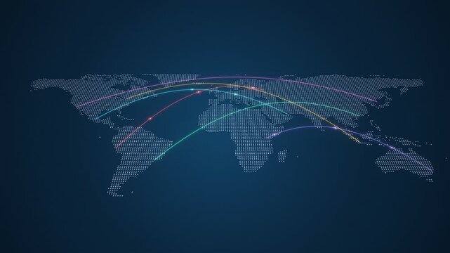 Dotted world map in perspective with coloured connection arcs on a dark blue background, for global network and logistics themes
