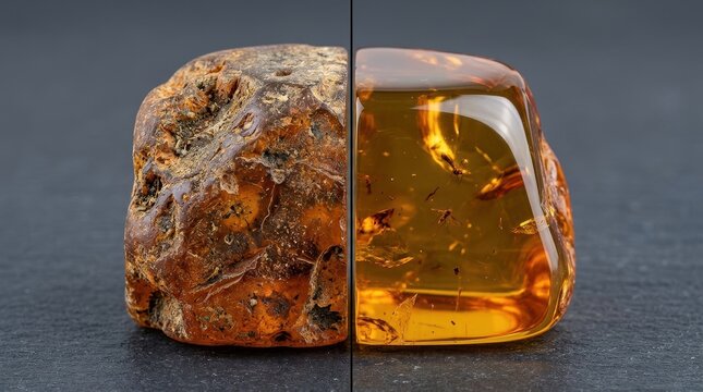 Rough and Polished Amber Gemstone Block Split Vertically