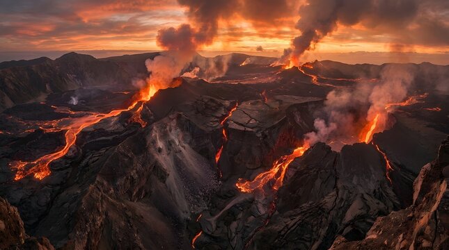 Volcanic eruption at sunset with glowing lava flowing across a rugged black landscape, surrounded by thick smoke and dramatic orange clouds.