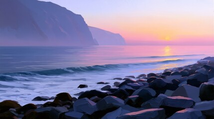 Obraz premium Coastal sunrise with waves gently lapping rocky shore, distant cliffs, and colorful sky