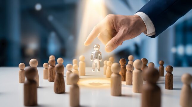 A business professional hand selecting a special worker from a group of wooden figures to represent talent management recruitment processes and leadership human resources decision making