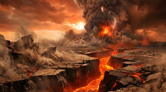 Explosive volcano erupting beside a dark landscape, with bright lava fountains, thick smoke, fiery orange light, and dramatic clouds filling the sky.