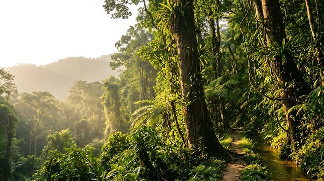 Sunlight filters through a tropical rainforest path and stream